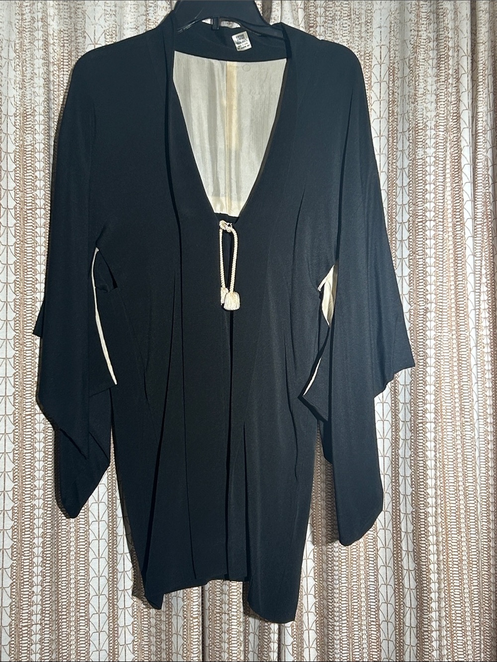 Black Silk Kimono Robe with Cream Interior and Tassel Tie